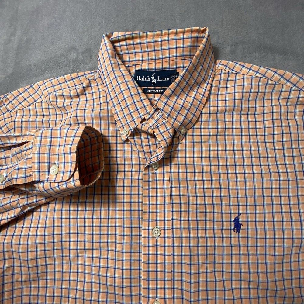 Polo Ralph Lauren‎ Shirt Men Large Classic Fit Peach Plaid Bright Casual Preppy